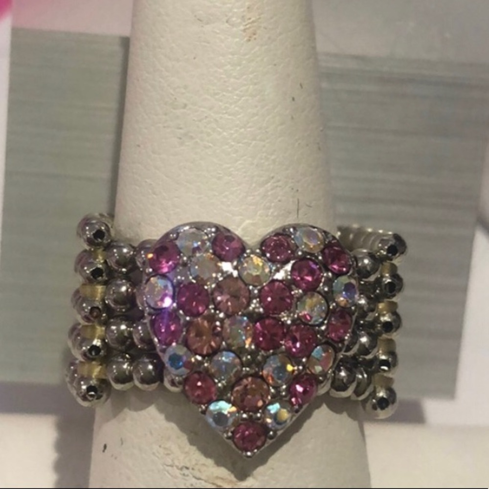 Pink & Aurora Borealis Crystal Heart Stretch Ring-One Size Fits Most-NWT